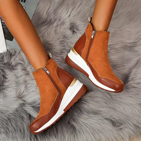 Damen Casual PU Leder Stiefeletten Runde Zehe Seitlicher Reißverschluss Plateau Dicke Sohle Herbst Winter Mode Outdoor Wanderschuhe