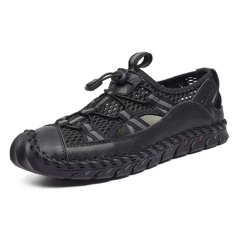 Heren Outdoor Vrijetijds Sandalen van Echt Leer Gesloten Teen Ademend Mesh Strandschoenen Antislip Wandelsandalen Voor Heren Casual Zomerschoeisel