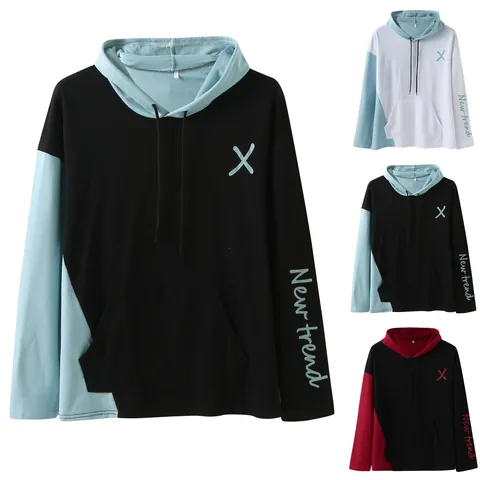 Men Color Block Hooded Sweatshirt Long Sleeve Pullover Letter Print Hoodie Streetwear Casual Top