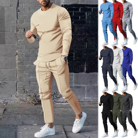 Herren Casual Polyester Trainingsanzug Set Einfarbig Langarm Top Und Bottom Rundhalsausschnitt Atmungsaktiver Sportanzug Für Frühling Herbst