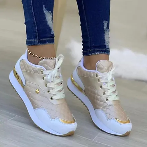 Women Fashion Sneakers Quilted Canvas Shoes Heart Decor Platform Western Style Lace-Up Casual Running Walking Shoes