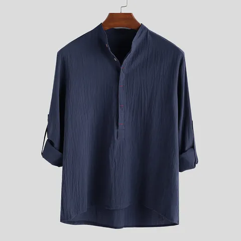 Heren Casual Katoenen Overhemd met Lange Mouwen Effen Kleur Opstaande Kraag Losse Mode Henley Shirt Herfst Tops