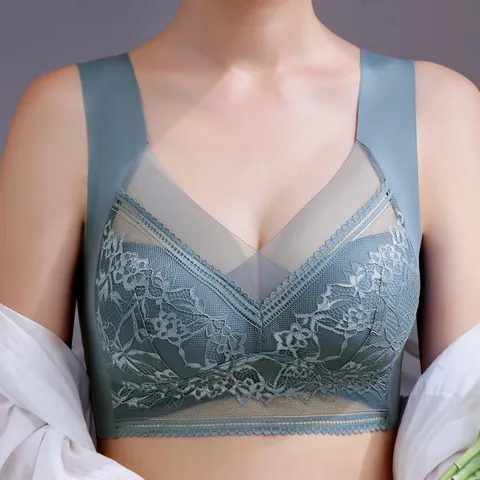 Women Wire-Free Lace Bra Seamless Sleep Vest Bra Integrated Fixed Cup Gathering Bralette With Floral Mesh Detail
