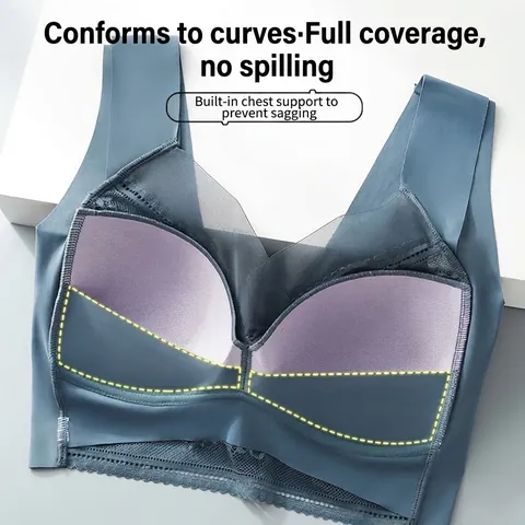 Women Wire-Free Lace Bra Seamless Sleep Vest Bra Integrated Fixed Cup Gathering Bralette With Floral Mesh Detail