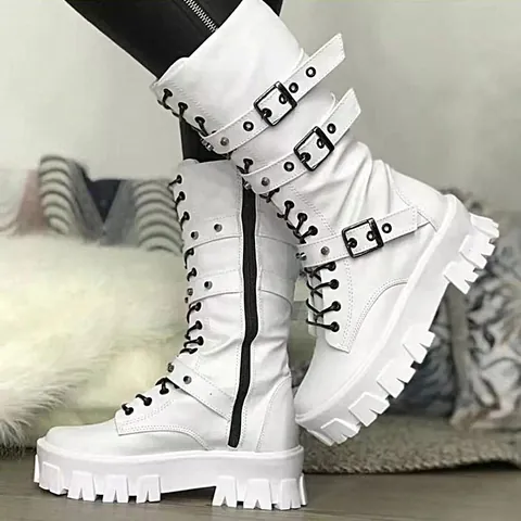 Γυναικείες Μπότες Punk Πλατφόρμα Μέσο Γάμπας Gothic Αγκράφα Κορδόνια Χοντρή Σόλα Μπότες Ιππότη Πλευρικό Φερμουάρ Δέρμα PU