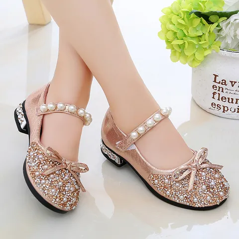 Girls Princess Shoes Shiny Rhinestone Bowknot Artificial Pearl Mary Janes Korean Style Wedding Performance Party Leather Shoes