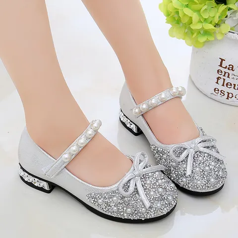 Girls Princess Shoes Shiny Rhinestone Bowknot Artificial Pearl Mary Janes Korean Style Wedding Performance Party Leather Shoes