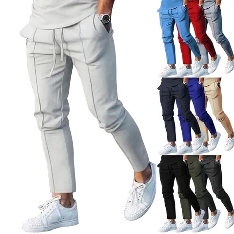 Men's Slim Fit Casual Sports Joggers Drawstring Waist Pintuck Sweatpants Solid Color High Street Knitted Polyester Pants Bottom
