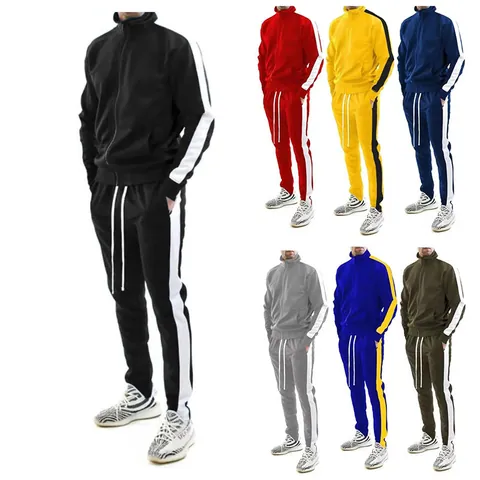 Polyester Contrast Side Stripe Men Tracksuit Top And Bottom Sporty Casual Full Zip Jacket And Joggers Sweatshirt Set