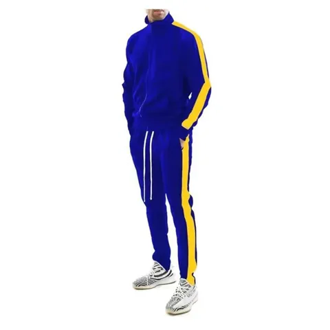 Polyester Contrast Side Stripe Men Tracksuit Top And Bottom Sporty Casual Full Zip Jacket And Joggers Sweatshirt Set