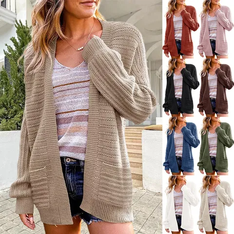 Dames Opengewerkt Vest Elegant Lantaarnmouwen Kabelbreisel Effen Kleur Open Voorkant Half Lang Trui Jas Top