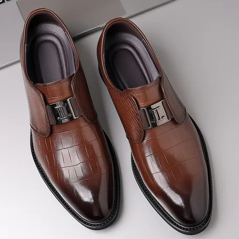 Men Business Formal Leather Shoes Crocodile Pattern Pointed Toe Cowhide Dress Shoes With Metal Buckle British Casual Footwear