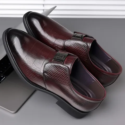 Men Business Formal Leather Shoes Crocodile Pattern Pointed Toe Cowhide Dress Shoes With Metal Buckle British Casual Footwear