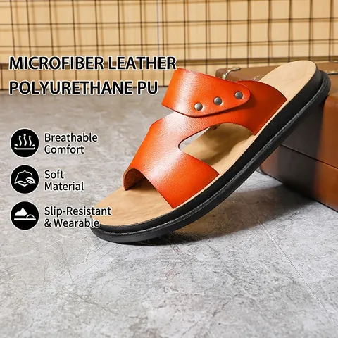 Men's Outdoor Microfiber Leather Sandals Anti-Slip Wear-Resistant H-Shaped Rivet Decor Beach Slippers Casual Summer Soft Sole Slides