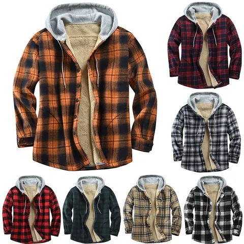 Men's Plaid Hooded Jacket Sherpa Lined Flannel Coat Casual Winter Warm Long Sleeve Button Down Loose Fit Outwear