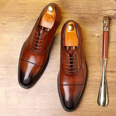 Zapatos Oxford Formales para Hombre Punta Reforzada Cuero de Vaca Primera Capa Estilo Británico Cordones Boda Transpirables