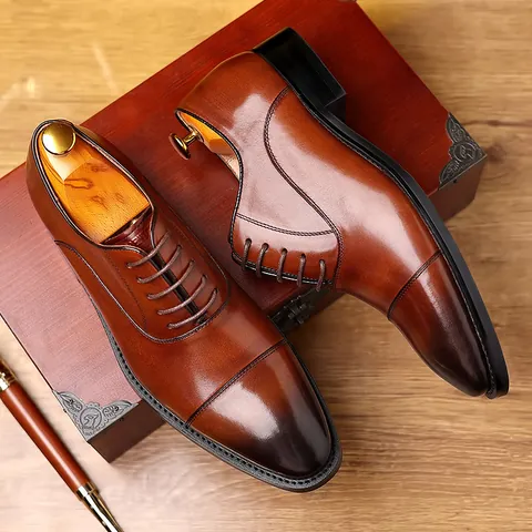 Zapatos Oxford Formales para Hombre Punta Reforzada Cuero de Vaca Primera Capa Estilo Británico Cordones Boda Transpirables