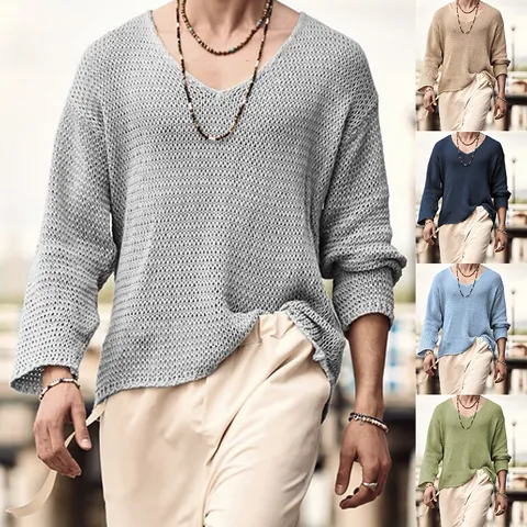 Herren V-Ausschnitt Strickpullover Einfarbig Langarm Casual Pullover Acryl Strickwaren Top Für Frühling Herbst Kleidung