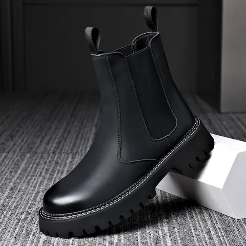 Herren Echtes Leder Chelsea Boots Vintage High Top Dicke Sohle Martin Boots Herbst Winter Warme Arbeitsschuhe Rutschfest