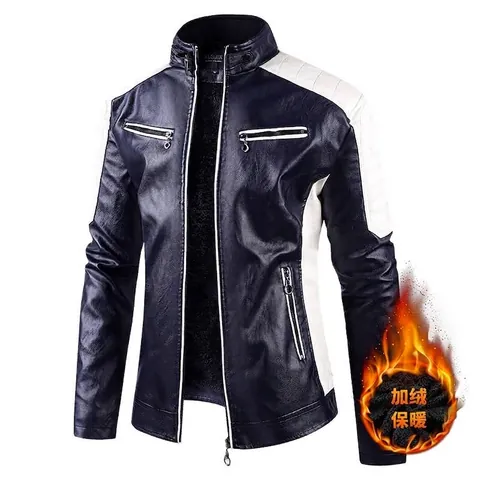 Men's Retro PU Leather Motorcycle Jacket Stand Collar Fleece Lined Warm Winter Windproof Color Block Zip Up Top Outerwear