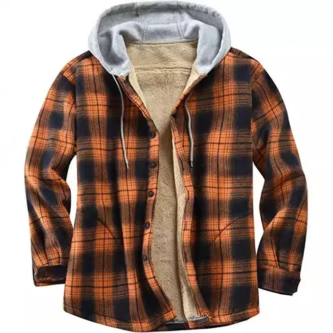 Men's Plaid Hooded Jacket Sherpa Lined Flannel Coat Casual Winter Warm Long Sleeve Button Down Loose Fit Outwear
