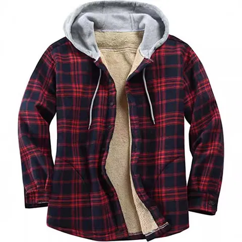 Men's Casual Plaid Flannel Hooded Jacket Fleece Lined Long Sleeve Loose Fit Buttons Outerwear Autumn Winter Warm Checkered Jacket