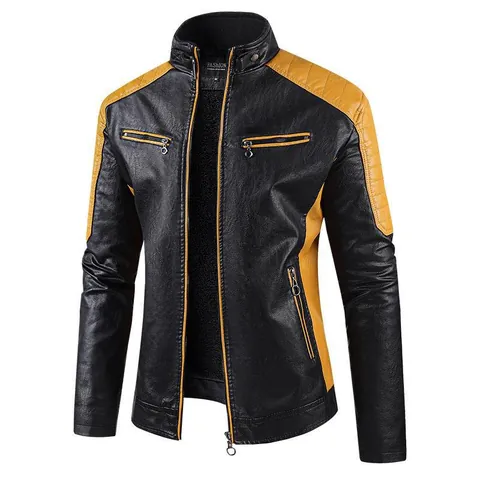Veste de Moto Homme en Cuir PU Rétro Col Montant Doublée de Polaire Chaude Hiver Coupe-vent Bloc de Couleur Haut