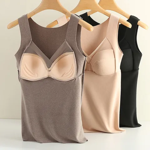 Women Seamless Dralon Thermal Vest With Integrated Bra Pads Fleece Lined Heat Innerwear Top For Autumn Winter