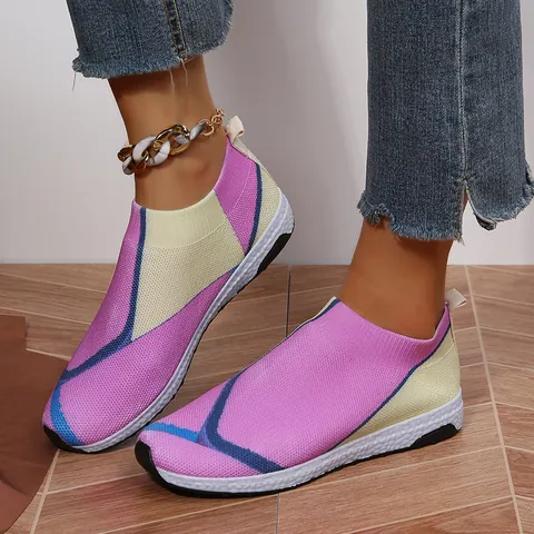 Women Fashion Fly-knit Sneakers Breathable Slip-On Casual Walking Shoes Color Blocking Mesh Upper Lightweight Flat Sole Running Shoes