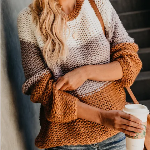 Women's Striped Color Block Knit Sweater Casual Crew Neck Long Sleeve Pullover Top Autumn Winter Fashion Clothing