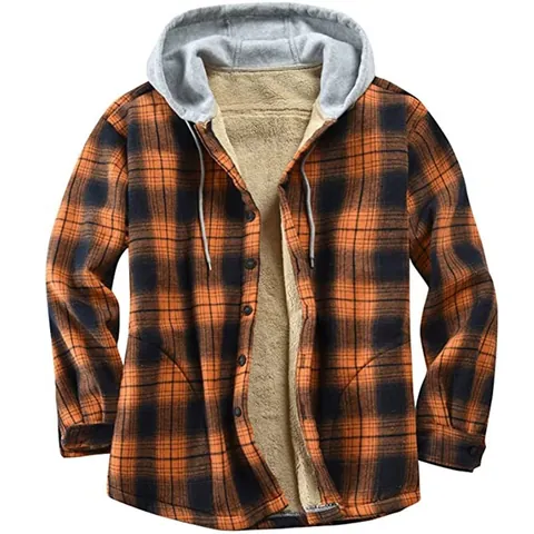 Men's Casual Plaid Flannel Hooded Jacket Fleece Lined Long Sleeve Loose Fit Buttons Outerwear Autumn Winter Warm Checkered Jacket
