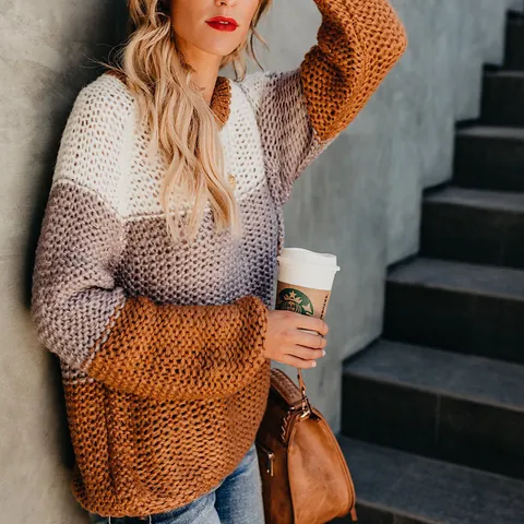 Women's Striped Color Block Knit Sweater Casual Crew Neck Long Sleeve Pullover Top Autumn Winter Fashion Clothing