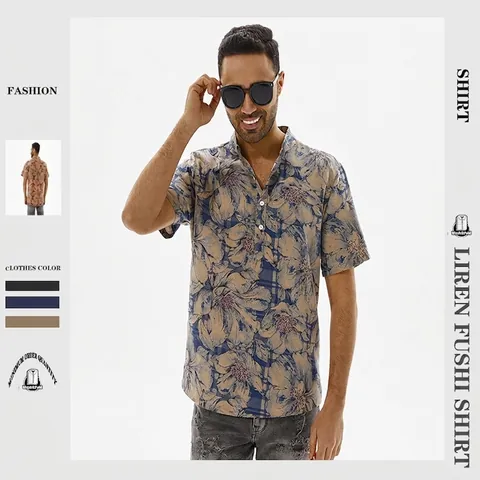 Men's Vintage Floral Print Cotton Shirt Stand Collar Short Sleeve Casual Beach Shirt Summer Hawaiian Style Resort Wear Top