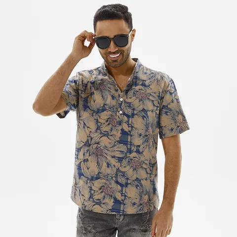 Men's Vintage Floral Print Cotton Shirt Stand Collar Short Sleeve Casual Beach Shirt Summer Hawaiian Style Resort Wear Top