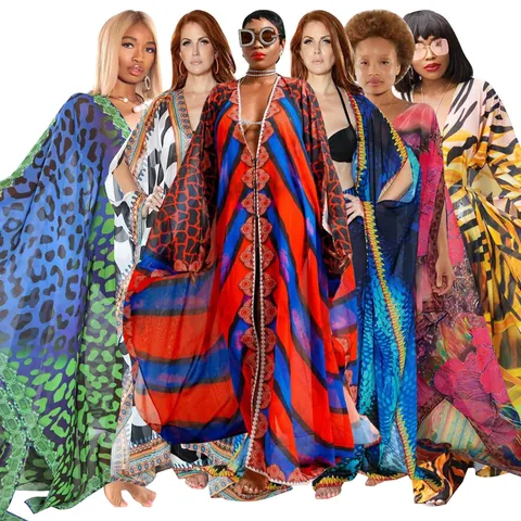 Dames Chiffon Blouse V-Hals Lange Mouwen Kaftan Transparant Geometrisch Luipaardprint Losse Strand Cover Up Vakantie Top