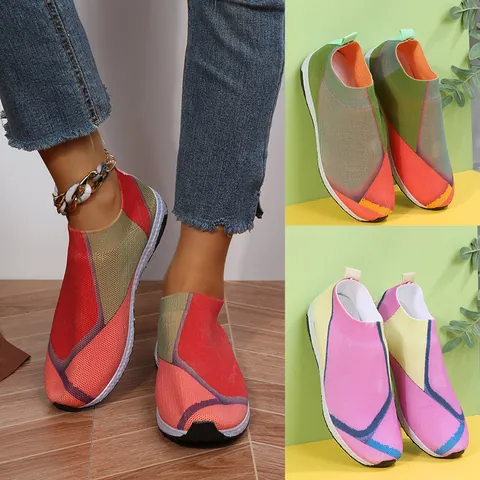 Women Fashion Fly-knit Sneakers Breathable Slip-On Casual Walking Shoes Color Blocking Mesh Upper Lightweight Flat Sole Running Shoes