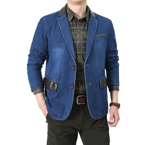 Men Casual Denim Blazer Jacket Cotton Patchwork PU Leather Notched Lapel Single Breasted Slim Fit Blazer For Business Office