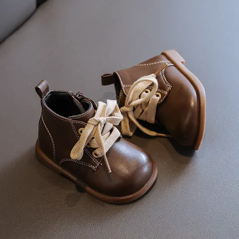 British Style Toddler Baby Boots Retro Microfiber Leather Prewalker Shoes Soft Sole High Top Boots With Side Zipper For Unisex Kids