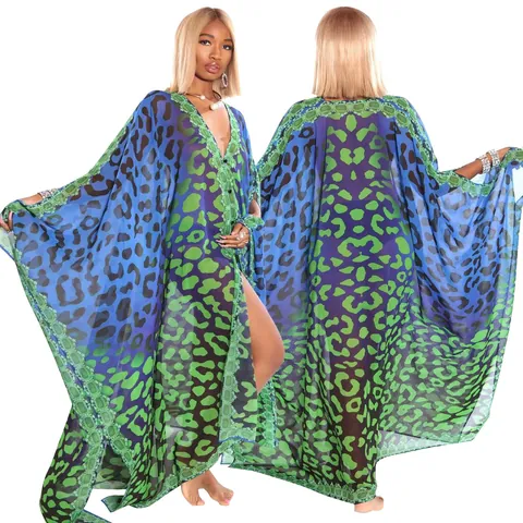 Dames Chiffon Blouse V-Hals Lange Mouwen Kaftan Transparant Geometrisch Luipaardprint Losse Strand Cover Up Vakantie Top