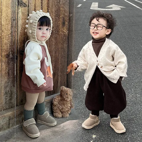 Toddler Baby Snow Boots Winter Warm Fleece Lined Cattle Leather Shoes Non-Slip Soft Sole Toddler Shoes For Boys Girls