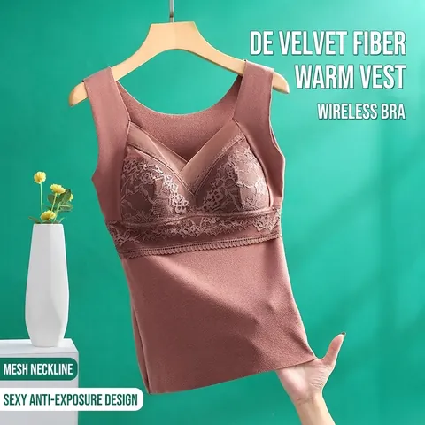 Women's Dralon Fleece Lined Thermal Vest With Lace V Neck Padded Seamless Warm Underwear Tank Top