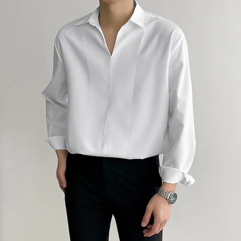 Camisa de Moda para Hombre con Cuello en V Manga Larga Ajuste Holgado Casual Color Sólido Top de Poliéster Estilo Coreano