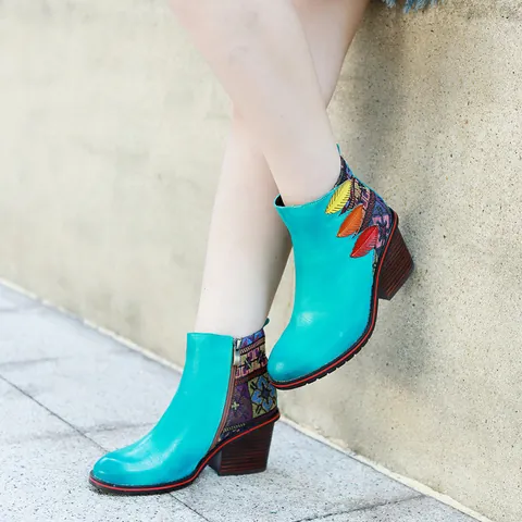 Dames Retro Schapenvacht Enkellaarzen Etnische Stijl Handgemaakte Geborsteld Leer Chelsea Boots Patchwork Blokhak Comfort Laarzen Meerblauw