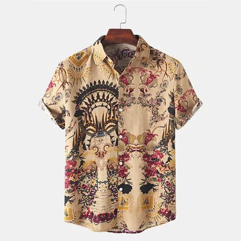 Camicia da Uomo a Maniche Corte con Stampa Etnica Casual Cachi con Bottoni Colletto Rovesciato Top da Spiaggia Estivo per Uomo in Misto Cotone Moda