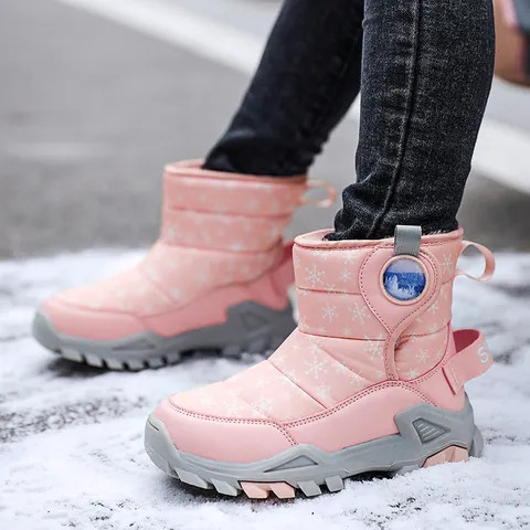 Kids Outdoor Snow Boots With Steel Claws Non-slip Waterproof High-top Winter Warm Hiking Shoes For Boys Girls Snowflake Pattern