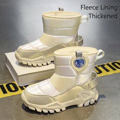 Kids Outdoor Snow Boots With Steel Claws Non-slip Waterproof High-top Winter Warm Hiking Shoes For Boys Girls Snowflake Pattern