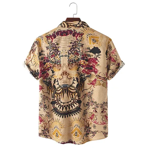 Chemise Casual Été Manches Courtes Col Rabattu Hommes Vintage Imprimé Ethnique Respirant Regular Fit Top Polyester