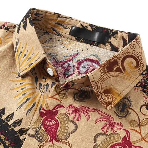 Camicia da Uomo a Maniche Corte con Stampa Etnica Casual Cachi con Bottoni Colletto Rovesciato Top da Spiaggia Estivo per Uomo in Misto Cotone Moda