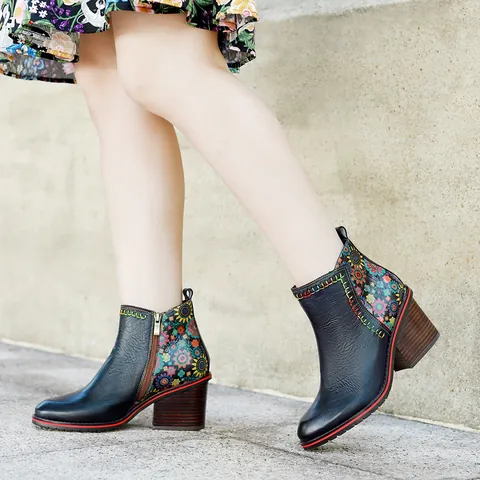 Handmade Distressed Sheepskin Retro Patchwork Block Heel Ankle Boots For Women Floral Print Ethnic Style Bohemian Boots