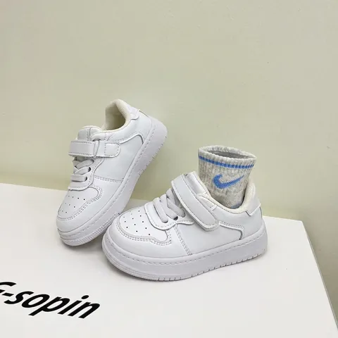 Toddler White Microfiber Leather Sneakers Soft Sole Non-Slip Hook And Loop Fastener Skate Shoes Lightweight First Walker Casual Boy Girl Footwear